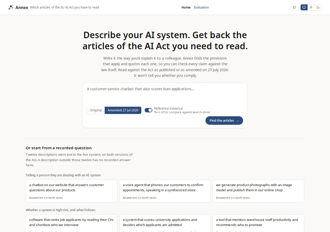The Annex landing page: a description box and twelve recorded questions
