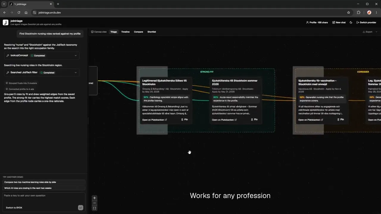 Jobtriage, chat interface with retrieved ad cards on a React Flow canvas