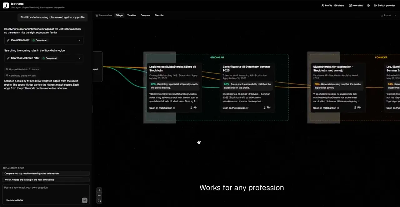 Jobtriage, chat interface with retrieved ad cards on a React Flow canvas